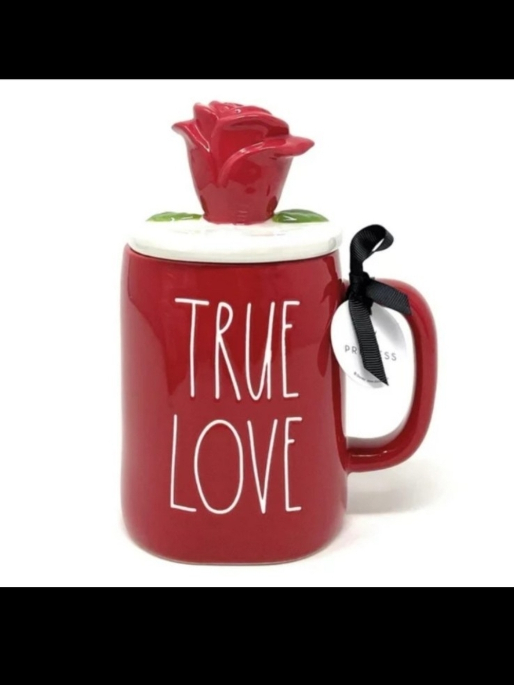 Rae Dunn Red "TRUE LOVE" Ceramic Mug with Rose Lid